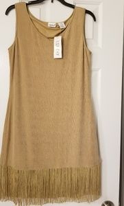 Gold colored V neck sleeveless dress with fringe